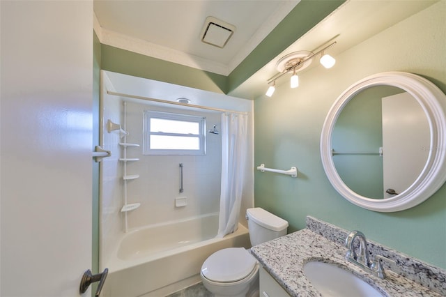 full bathroom with shower / tub combo, vanity, crown molding, and toilet