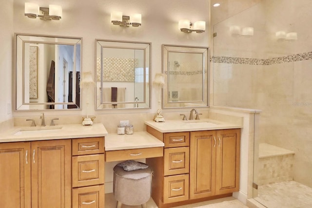 3222 W Empedrado St, Tampa, FL 33629 - bathroom with a tile shower, a sink, and two vanities