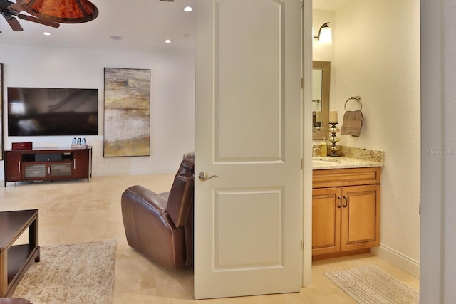 3222 W Empedrado St, Tampa, FL 33629 - living room with light tile patterned flooring, baseboards, recessed lighting, and a ceiling fan