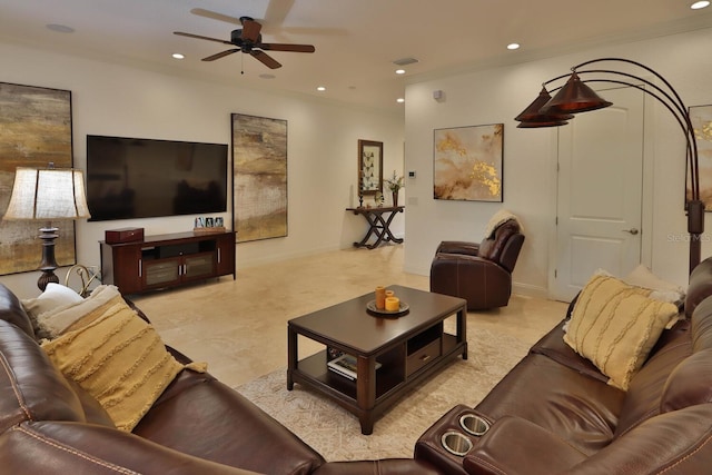 3222 W Empedrado St, Tampa, FL 33629 - living area featuring recessed lighting, crown molding, baseboards, and ceiling fan