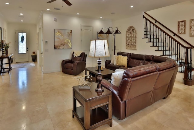 3222 W Empedrado St, Tampa, FL 33629 - living area with stairs, a ceiling fan, baseboards, visible vents, and recessed lighting
