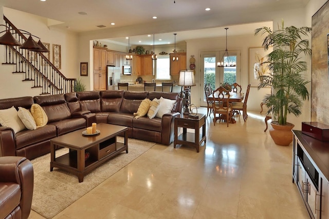 3222 W Empedrado St, Tampa, FL 33629 - living room with visible vents, a notable chandelier, stairs, and recessed lighting