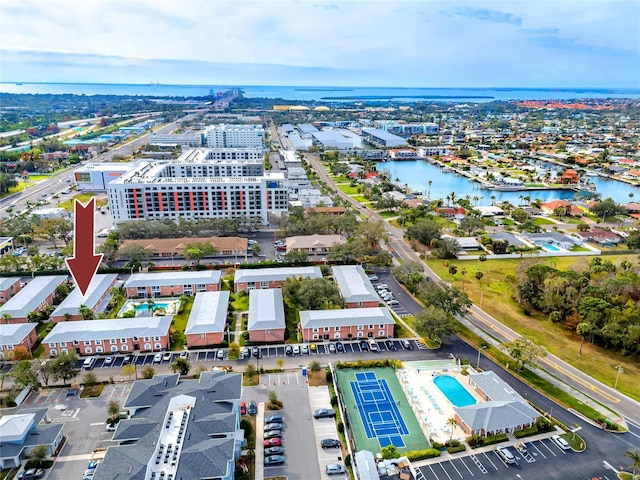 aerial view featuring a water view