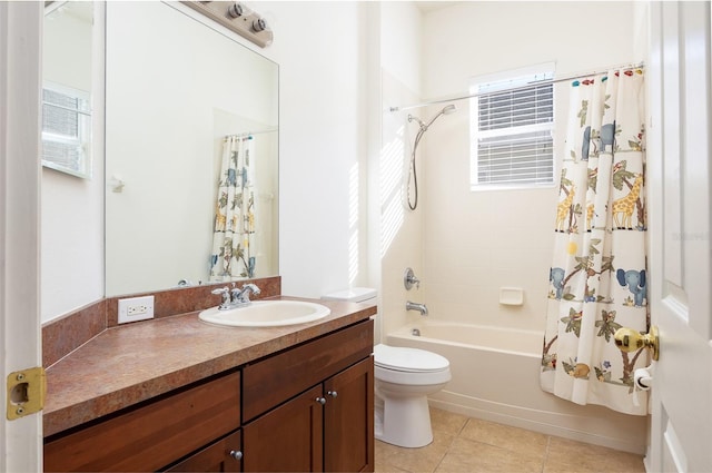 full bathroom featuring vanity, toilet, shower / bath combination with curtain, and tile patterned floors