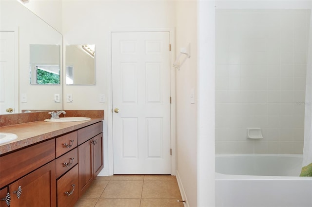 bathroom with shower / tub combo with curtain, tile patterned flooring, and vanity