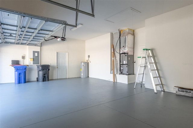 garage featuring a garage door opener, electric panel, heating unit, and water heater