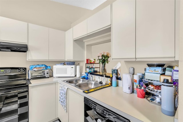 kitchen with sink, white cabinetry, black appliances, and exhaust hood