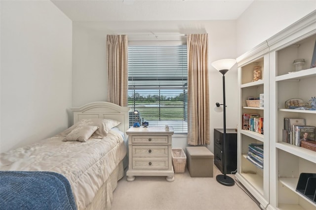 bedroom with light colored carpet