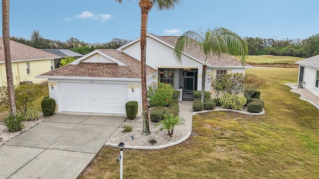 ranch-style house with a garage and a front lawn