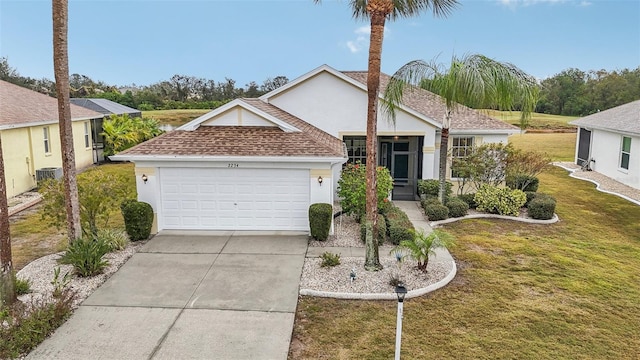 single story home with a garage, central air condition unit, and a front yard