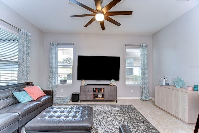 living room featuring ceiling fan