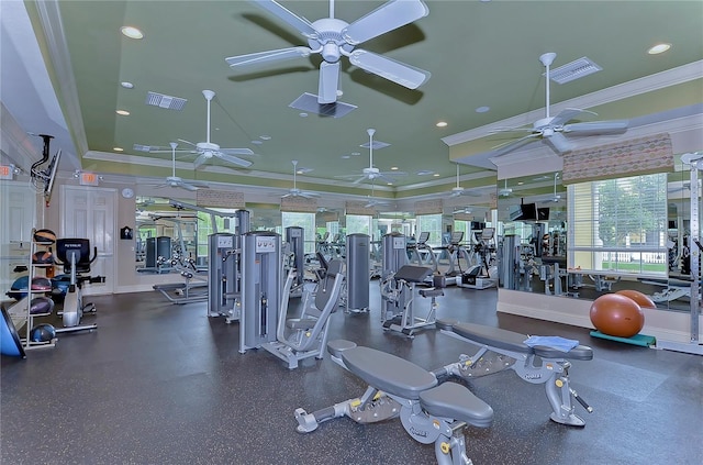 gym featuring ornamental molding and a raised ceiling