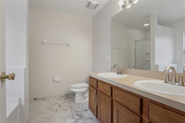 full bathroom featuring vanity, separate shower and tub, and toilet