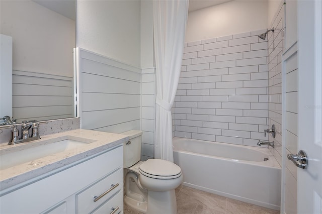 full bathroom featuring shower / bathtub combination with curtain, vanity, tile patterned flooring, and toilet