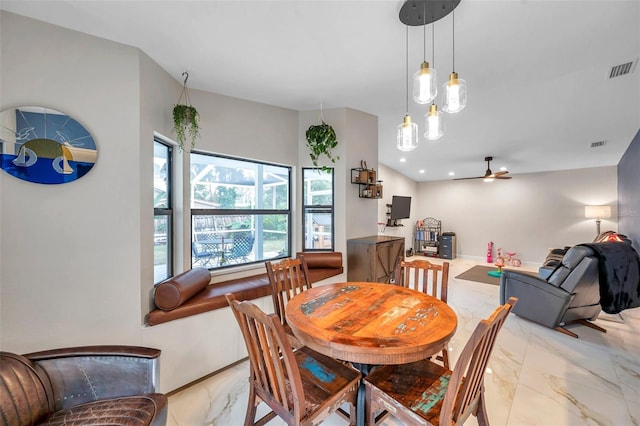 dining room featuring recessed lighting, marble finish floor, and visible vents