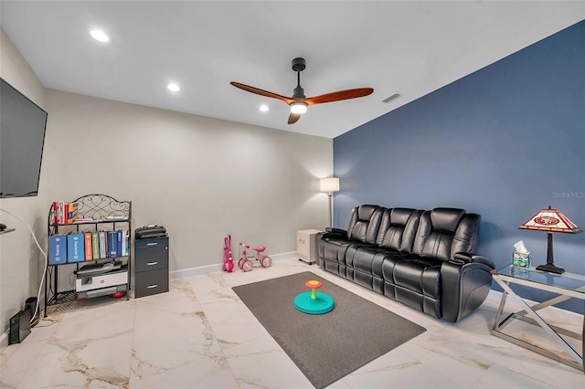 living room featuring baseboards, visible vents, a ceiling fan, marble finish floor, and recessed lighting