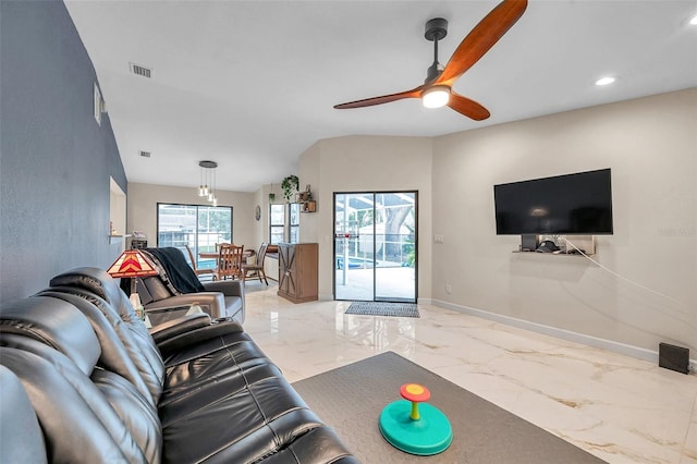 living area with baseboards, visible vents, ceiling fan, marble finish floor, and recessed lighting