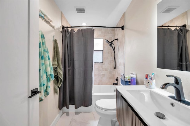 full bath featuring toilet, shower / bathtub combination with curtain, visible vents, and vanity