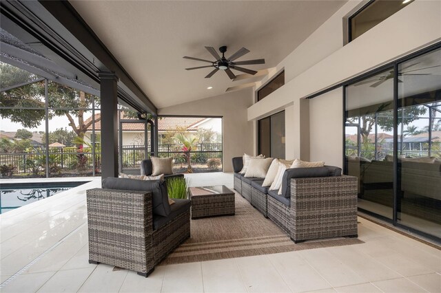 5809 Cruiser Way, Tampa, FL 33615 - sunroom with ceiling fan, lofted ceiling, an outdoor hangout area, and plenty of natural light