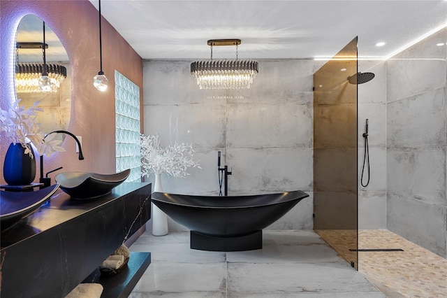 5809 Cruiser Way, Tampa, FL 33615 - bathroom featuring walk in shower, vanity, and a chandelier