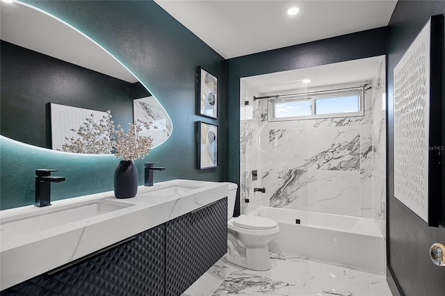 5809 Cruiser Way, Tampa, FL 33615 - bathroom featuring washtub / shower combination, double vanity, a textured wall, marble finish floors, and recessed lighting