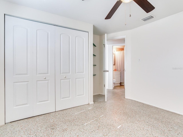 unfurnished bedroom with a closet and ceiling fan