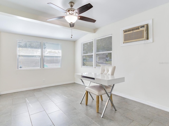 unfurnished dining area featuring an AC wall unit, ceiling fan, and vaulted ceiling with beams