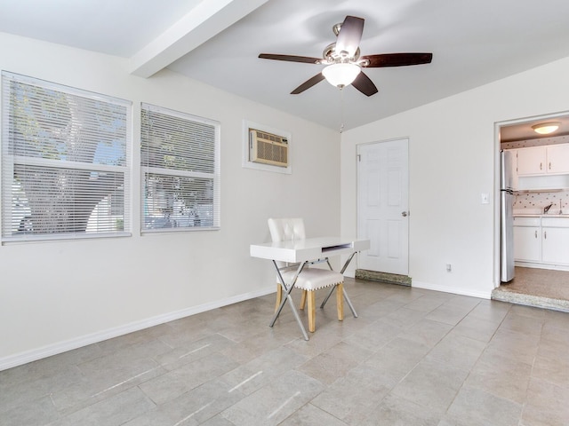 dining room featuring ceiling fan, a wall mounted AC, and vaulted ceiling with beams