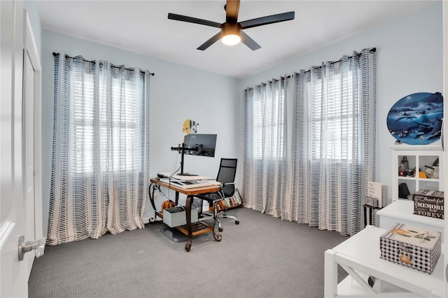 office area with carpet flooring and ceiling fan