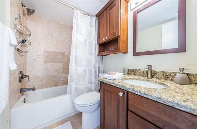 full bath featuring toilet, shower / bathtub combination with curtain, and vanity