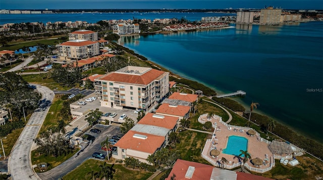 birds eye view of property featuring a water view