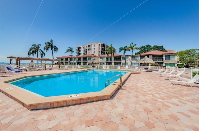 view of swimming pool with a pergola and a patio area