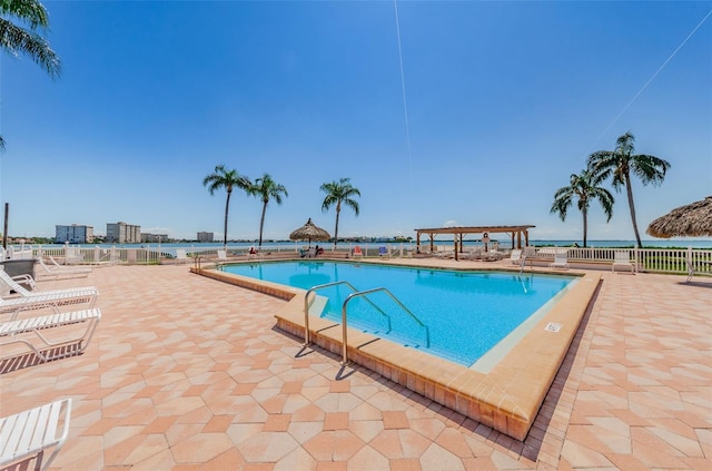 view of swimming pool with a patio