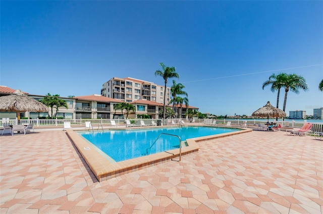 view of swimming pool with a gazebo and a patio area