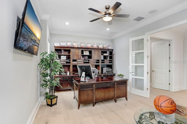 office area with french doors, ceiling fan, ornamental molding, and light hardwood / wood-style floors