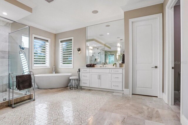 bathroom featuring shower with separate bathtub, vanity, and crown molding