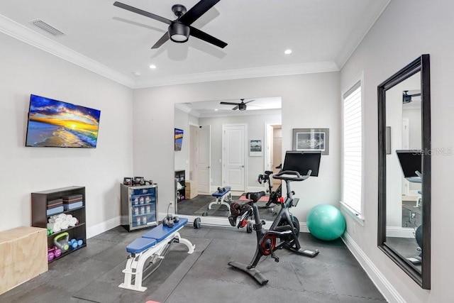 workout room featuring ornamental molding and ceiling fan