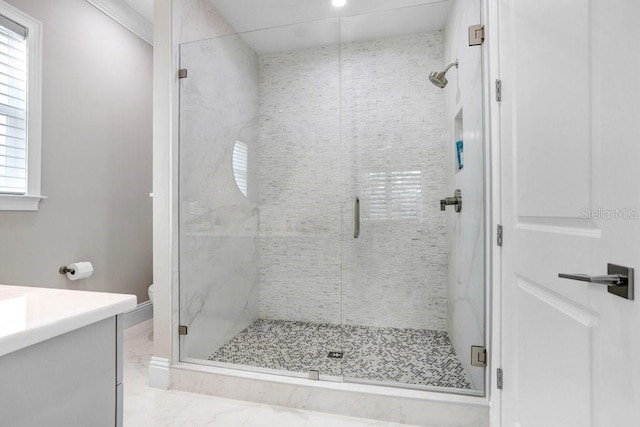 bathroom featuring vanity, plenty of natural light, and a shower with door