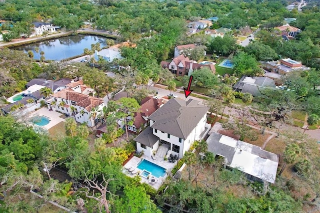 aerial view featuring a water view