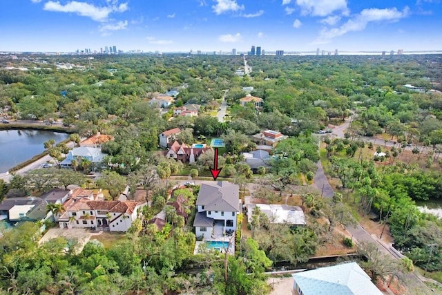 drone / aerial view with a water view