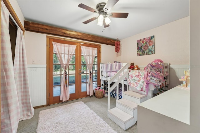 bedroom with light carpet, access to outside, ceiling fan, and french doors