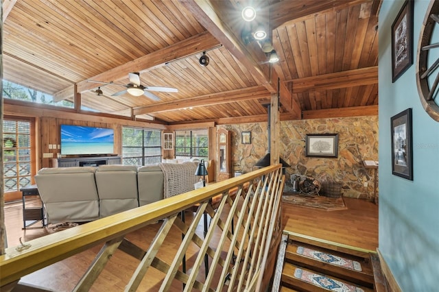 interior space with hardwood / wood-style flooring, wooden ceiling, and beam ceiling