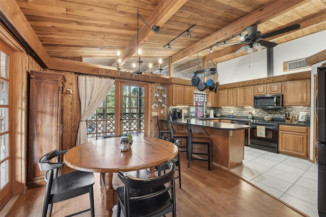 dining room featuring french doors, wood ceiling, lofted ceiling with beams, light hardwood / wood-style flooring, and ceiling fan with notable chandelier