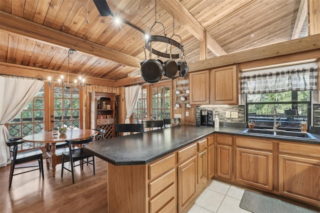 kitchen with a wealth of natural light, decorative light fixtures, sink, decorative backsplash, and kitchen peninsula