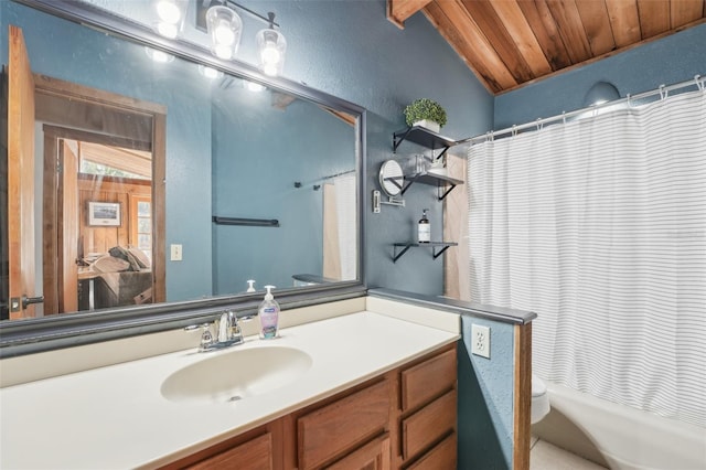 bathroom with lofted ceiling, vanity, toilet, and wooden ceiling