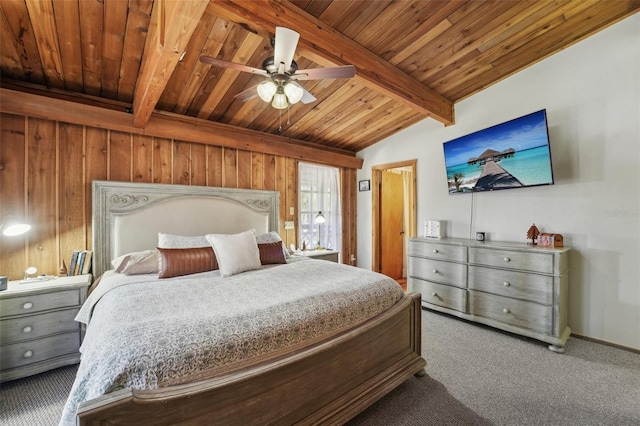 bedroom with beamed ceiling, ceiling fan, wood ceiling, and carpet flooring