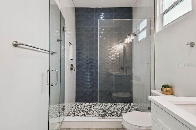 bathroom featuring an enclosed shower, vanity, and toilet