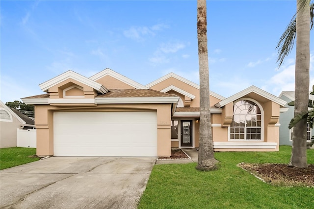 view of front of property with a garage and a front lawn