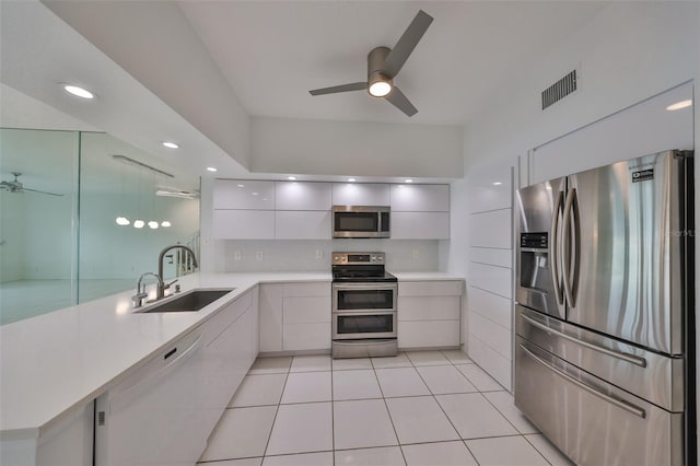 kitchen with appliances with stainless steel finishes, white cabinetry, sink, kitchen peninsula, and ceiling fan