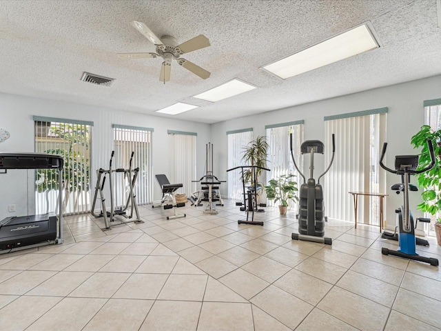 workout area featuring a textured ceiling, a skylight, and ceiling fan